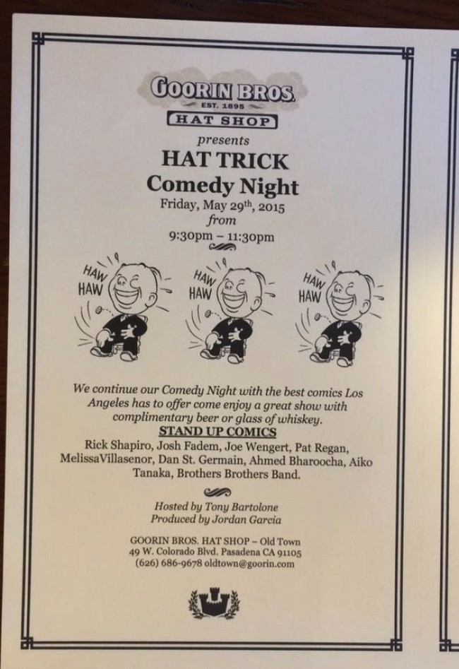 Quick Dish: Don’t Miss HAT TRICK! Comedy Tonight 5.29 at Goorin Bros. Pasadena