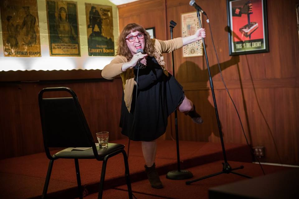 Jen Saunderson in the moment at May's Art Deco Comedy Hour 